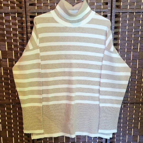 Striped Beige and White Womans Turtleneck Sweater - Picture 1 of 6